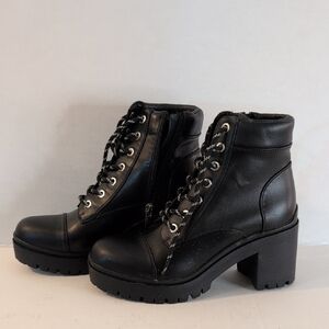 Nine West Black Lace-Up Chunky Heel Ankle Boots